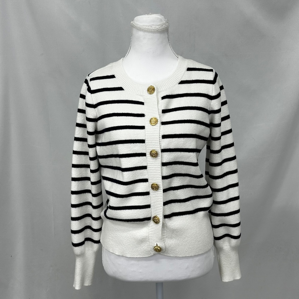Cyrus Women's Sz Small Cardigan White Navy Striped Gold Button Nautical Preppy